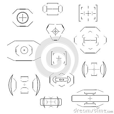 Futuristic optical aim. Military collimator sight, gun targets focus range indication. Sniper weapon target hud aiming Vector Illustration