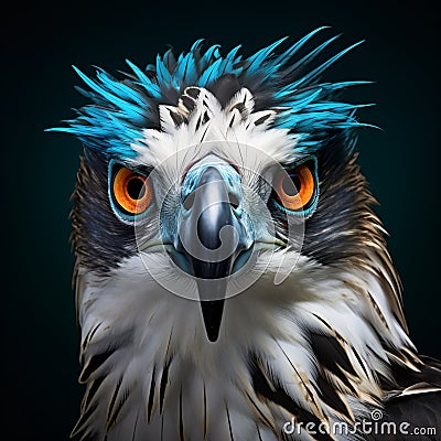 Futuristic Optics: Vibrantly Surreal Osprey Close-up In Electric Colors Stock Photo