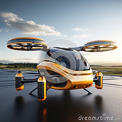 A futuristic orange and black passenger plane takes off from a runway near a modern city. VTOL electric vertical takeoff Stock Photo
