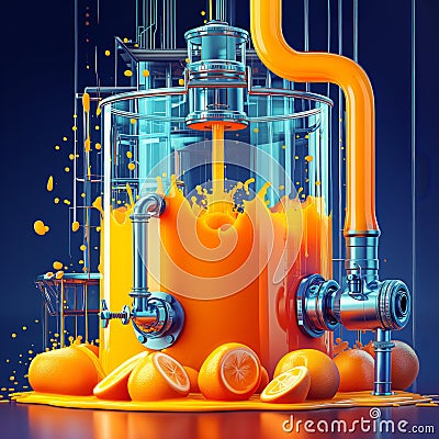 Futuristic orange juice factory with splashing liquid and whole and sliced oranges Stock Photo