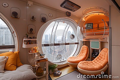 futuristic orange living room - spacecraft design - generative AI Stock Photo