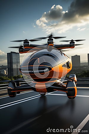 Futuristic orange passenger drone takes off from an airstrip near a modern city. Electric Vertical Take Off and Landing Stock Photo