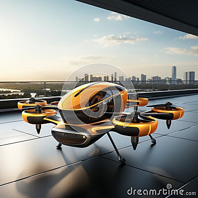 Futuristic orange passenger drone takes off from an airstrip near a modern city. Electric Vertical Take Off and Landing Stock Photo