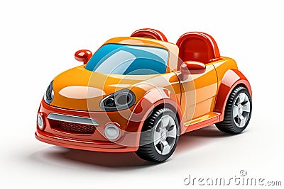 Futuristic orange toy car on white background. Cartoonish vehicle designed for children. Concept of kids friendly toys Stock Photo