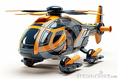 Futuristic orange toy helicopter isolated on a white background. Concept of kids friendly toys, aviation playthings Stock Photo