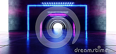 Futuristic Oval Circle Neon Glowing Purple Blue Rectangle Shaped Laser Beam Lights On Concrete Grunge Floor Reflective Tunnel Stock Photo