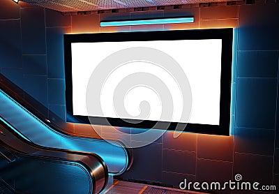 Futuristic panoramic billboard mockup. Cyberpunk style frame interior template. 3D rendering Stock Photo