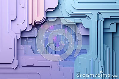 Futuristic paper art background featuring abstract layers of digital circuits and data flows in cool tones for a high Stock Photo