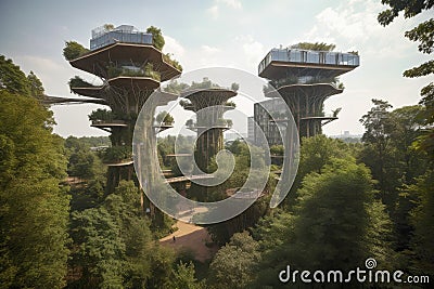 futuristic park, filled with towering trees and futuristic structures Stock Photo