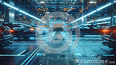 A futuristic parking system that utilizes advanced 5G sensors to monitor and display the realtime availability of Stock Photo