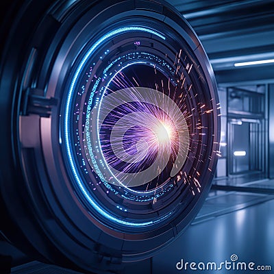 Futuristic particle accelerator displays intense collisions. High energy physics theme with advanced tech. Side view of Stock Photo