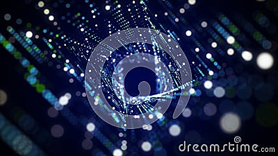 Futuristic particle flow in cyberspace. Abstract bend 3d portal. Digital technology web flow. Big data visualization. 3d Stock Photo
