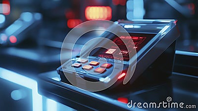Futuristic payment terminal display high-tech store product showcase neon environment close-up view innovative concept Cartoon Illustration