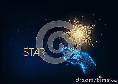 Futuristic people award, excellence concept with glow low polygonal human hand holding golden star. Vector Illustration