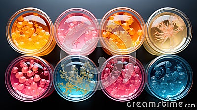 Futuristic Petri dishes with various colonies of bacteria. Microbiology concept. Top view. Generative AI Stock Photo