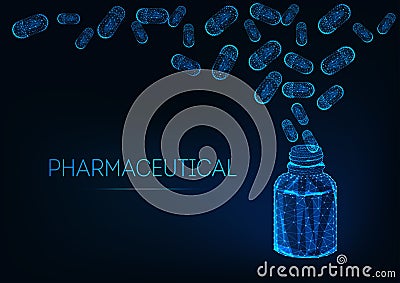 Futuristic pharmaceutical concept with medicament bottle and capsule pills on dark blue background. Vector Illustration