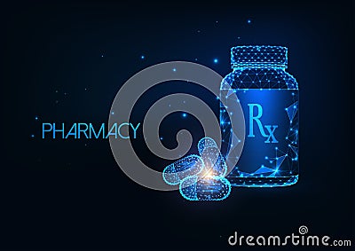 Futuristic Pharmacy concept with glowing low polygonal medicament container and capsule pills. Vector Illustration