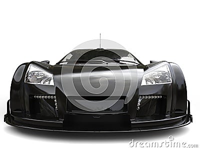 Futuristic pitch black supercar - front view extreme closeup shot Stock Photo