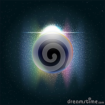 Futuristic planet earth in 3d in space full of stars, rising sun with colored light and sparkle. Vector Illustration