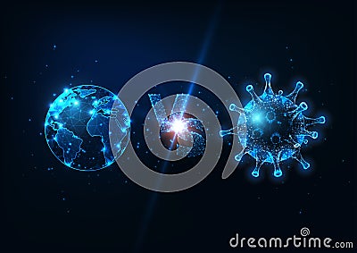 Futuristic planet earth Vs coronavirus fight concept with glowing low poly globe and virus cell. Vector Illustration