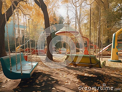 Futuristic playground with vintageinspired swings and seesaws Stock Photo