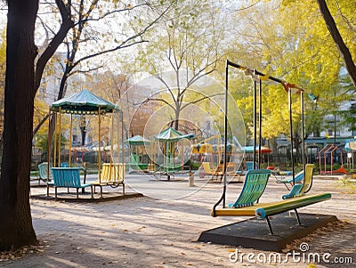 Futuristic playground with vintageinspired swings and seesaws Stock Photo