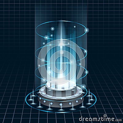 Futuristic portal sky-fi digital, circle science teleport tunnel with light rays and glows, podium, projector. Vector Vector Illustration