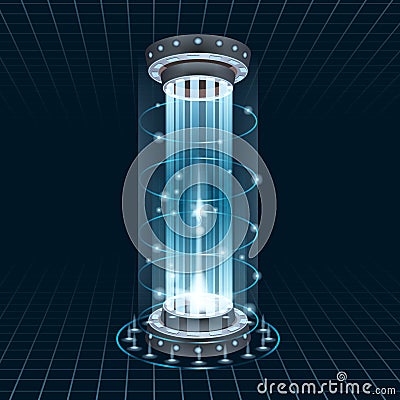 Futuristic portal sky-fi digital, circle science teleport tunnel with light rays and glows, podium, projector. Vector Vector Illustration