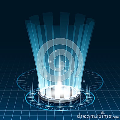 Futuristic portal sky-fi digital, circle science teleport tunnel with light rays and glows, podium, projector. Vector Vector Illustration