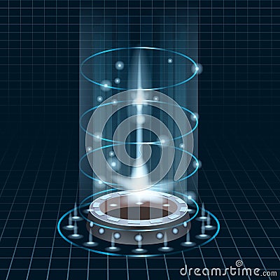 Futuristic portal sky-fi digital, circle science teleport tunnel with light rays and glows, podium, projector. Vector Vector Illustration