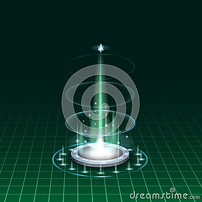 Futuristic portal sky-fi digital, circle science teleport tunnel with light rays and glows, podium, projector. Vector Vector Illustration