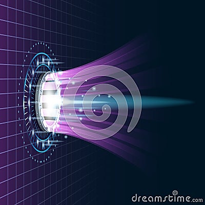 Futuristic portal sky-fi digital, circle science teleport tunnel with light rays and glows, podium, projector. Vector Vector Illustration
