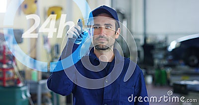 A futuristic portrait of an auto mechanics assistant, works with a hologram 24 hours a day, buying, selling and repairing spare pa Stock Photo