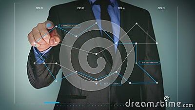 Futuristic portrait of a businessman uses a career chart, a hologram, a diagram, in a suit, makes a finger click. Concept: future, Stock Photo