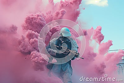 Futuristic post-apocalypse action scene with hero in sci-fi style. Vaporwave surreal shot with pink and blue smoke Stock Photo