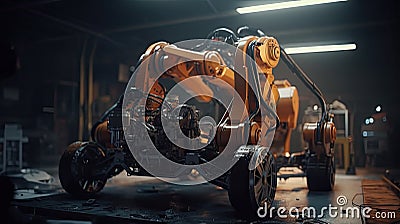 futuristic, post-apocalyptic unmanned vehicle transformer in production workshop Stock Photo