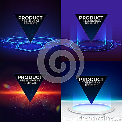 Futuristic product stands set. Podium template for pc gaming accessories. Abstract hi-tech backgrounds for display Vector Illustration