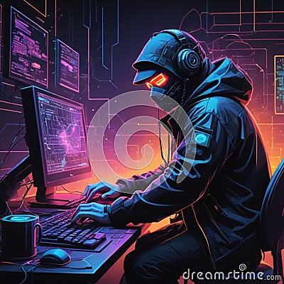 Futuristic Programmer Working on Advanced Systems – Technology and Cybersecurity Art Stock Photo