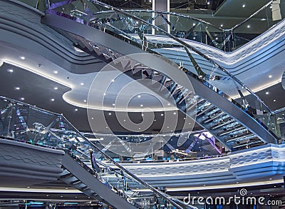 Futuristic purple interior with sparkling stairs on Board a cruise ship Editorial Stock Photo