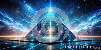 Futuristic pyramid structure illuminated with neon lights against a cosmic nebula background. Generative AI Stock Photo