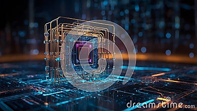 Futuristic Quantum Computing Icon Featuring Floating Qubits and Luminous Connections Stock Photo