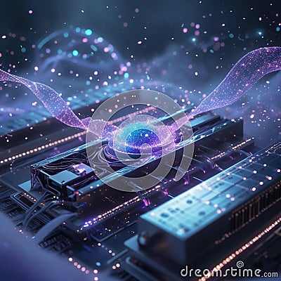 AI-Crafted Quantum Computing in an Ethereal, Particle-Infused World Stock Photo