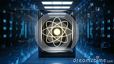 Futuristic Quantum Server Core Illuminating Network Halls. Concept Technology, Quantum Computing, Stock Photo