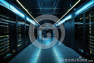 Futuristic Rackmount LED Console in High-Tech Data Centre (AI Generated) Stock Photo