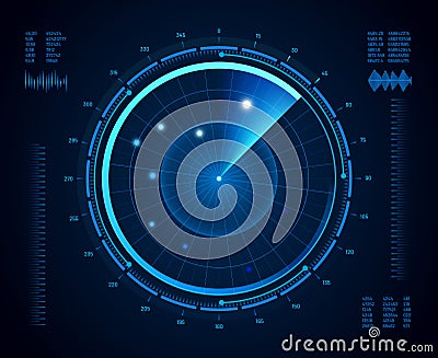 Futuristic radar. Military navigate sonar, army target monitoring screen and radar vision interface map vector isolated Vector Illustration