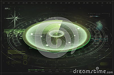 Futuristic radar screen, searching target. Air search. Military search system . Navigation interface wallpaper. Control Vector Illustration