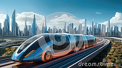 Futuristic Rail Shuttle Through Cities. Modern Hi-Speed Passenger Train Stock Photo