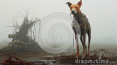 Futuristic Realism: Dog In The Foggy Salvagepunk Landscape Cartoon Illustration