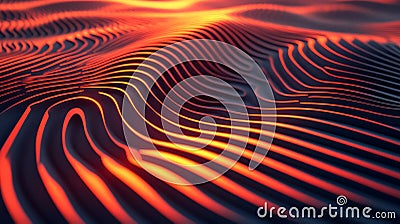 Futuristic Red and Black Data Stream, Technological Background, Converging Lines with Wavy Pattern Stock Photo