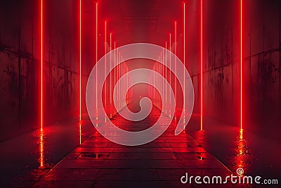 Futuristic Red Neon Hallway - Sci-Fi Vibrance. Concept Futuristic Design, Neon Lights, Sci-Fi Stock Photo